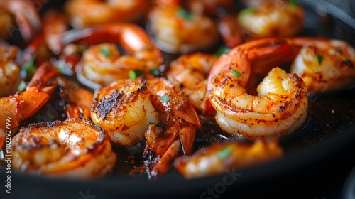 Close-up of Grilled Shrimp in a Black Pan with Herbs