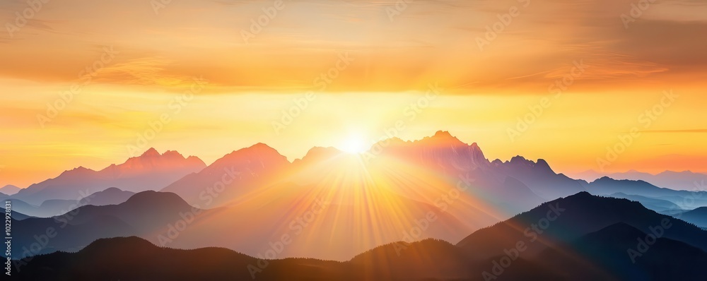 Mountainous landscape with a vibrant rainbow, shining above the peaks and valleys, casting light over the rugged terrain Mountainous landscape with a vibrant rainbow, shining above the peaks and valleys, casting light over the rugged terrain