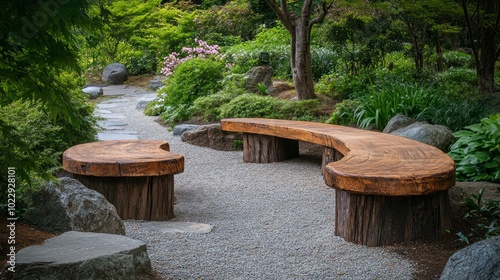 A curved wooden bench and a round wooden table sit on a gravel path in a serene Japanese garden.  photo