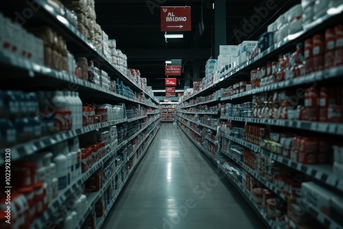 Retail Store Aisle with Sale Signs: A wide shot of a retail store aisle filled with products and sale signs hanging from the ceiling. The image highlights the abundance of deals and the organized chao