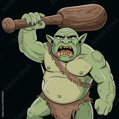 Angry green ogre holding a wooden club ready to attack.