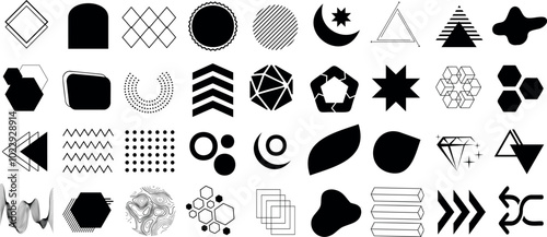 Geometric shapes, abstract symbols, vector icons, black and white patterns, creative designs, line art, modern shapes, minimalistic elements for graphic design, diverse abstract figures
