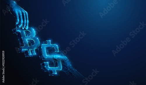 Abstract illustration of two hands wit bitcoin and dollar in low poly style. Blue geometric background depicting cryptocurrency, blockchain technology, token exchange stock market concept by wireframe