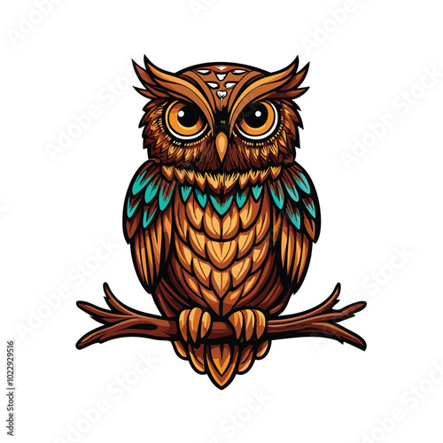 A wise owl perched on a branch with intricate feathers and a serious expression.