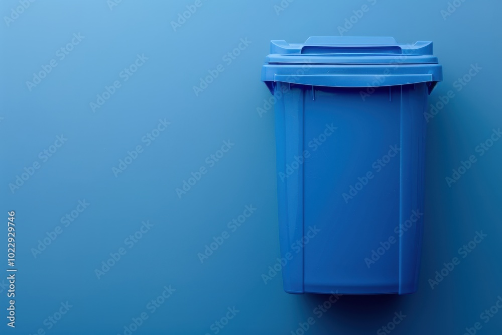 Bright blue trash bin on a solid blue background in a minimalist setting Bright blue trash bin on a solid blue background in a minimalist setting