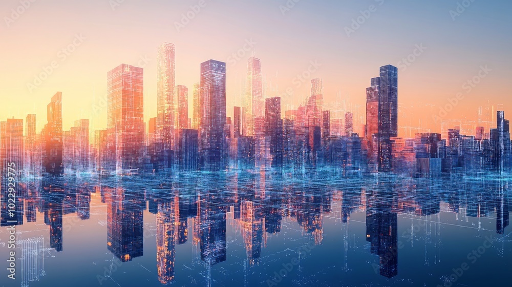 Obraz premium A futuristic city skyline at sunset, with glowing digital lines connecting buildings and reflecting on water, symbolizing technology and connectivity.