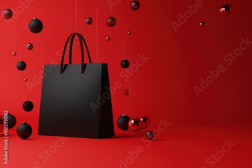 Black shopping bag on red with floating spheres. photo