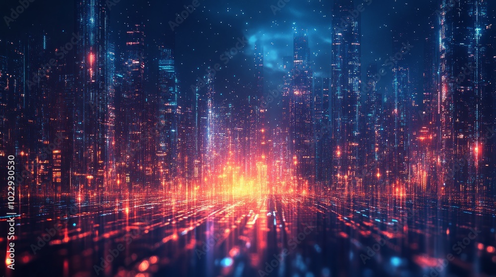 Fototapeta premium A futuristic cityscape with glowing lights and lines, creating a vibrant and dynamic digital landscape.