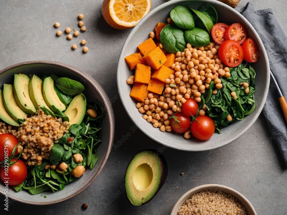 Healthy vegan lunch bowl with Avocado and quinoa and sweet potato and tomato and spinach and chickpeas vegetables salad. Delicious bowl featuring Avocado and quinoa and sweet potato Healthy vegan lunch bowl with Avocado and quinoa and sweet potato and tomato and spinach and chickpeas vegetables salad. Delicious bowl featuring Avocado and quinoa and sweet potato