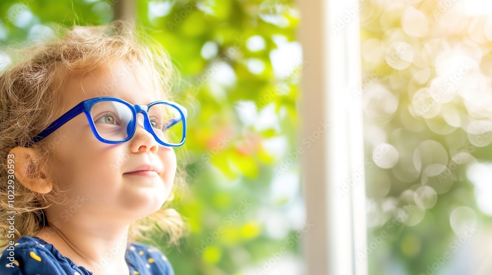 Young child wearing blue glasses focusing on distant tree outside window, symbolizing myopia prevention and importance of outdoor activities. Young child wearing blue glasses focusing on distant tree outside window, symbolizing myopia prevention and importance of outdoor activities.