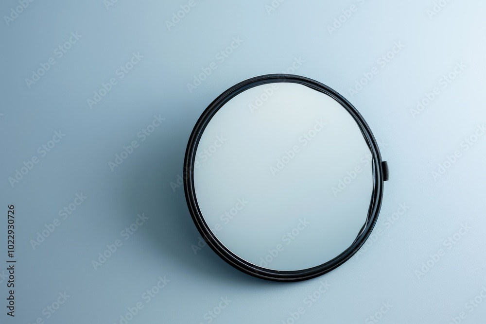 Fototapeta premium Simple round mirror on a pale blue background showcasing its reflective surface and clean design
