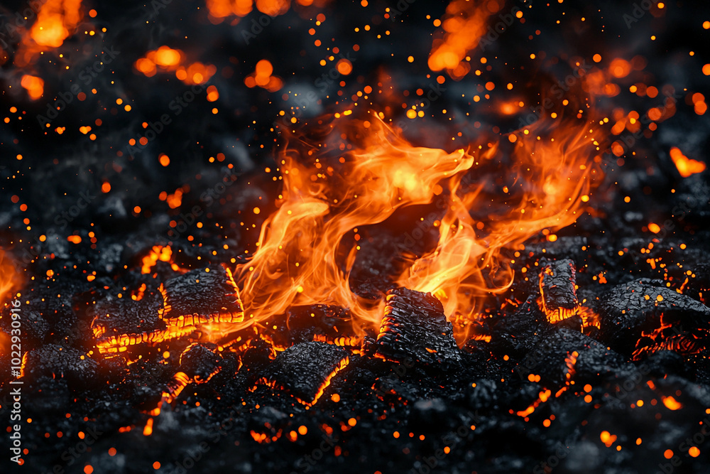 Flames and embers illuminating dark charcoal in nature Flames and embers illuminating dark charcoal in nature
