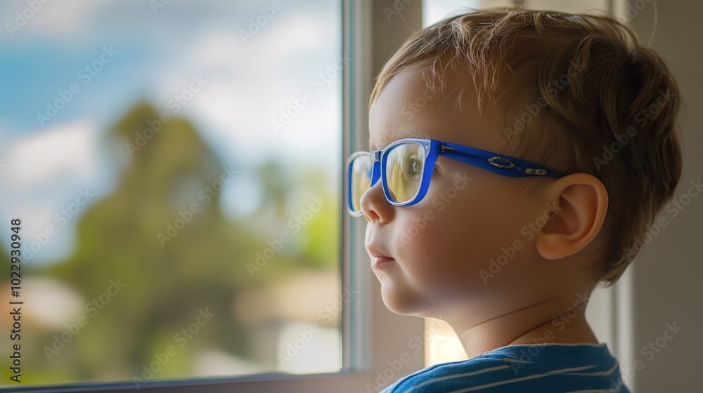 Young child wearing blue glasses focusing on distant tree outside window, symbolizing myopia prevention and importance of outdoor activities. Young child wearing blue glasses focusing on distant tree outside window, symbolizing myopia prevention and importance of outdoor activities.