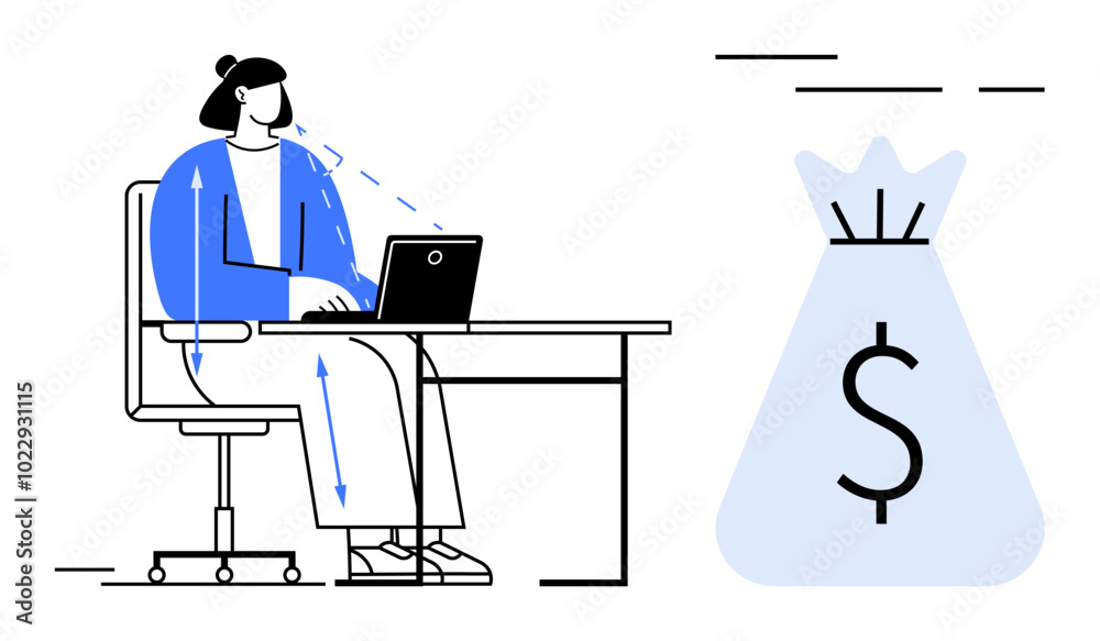 Person working on laptop at desk, large money bag with dollar sign in background. Ideal for business, finance, online work, productivity, wealth creation. Minimalist, modern, clean Person working on laptop at desk, large money bag with dollar sign in background. Ideal for business, finance, online work, productivity, wealth creation. Minimalist, modern, clean