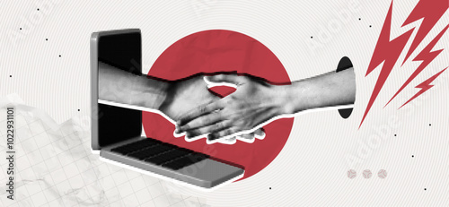 Trendy Halftone Collage with Human Hands Shaking. Concept of business, success, teamwork. Deal agreement. Partners work together. Cooperation concept. Contemporary art vector illustration