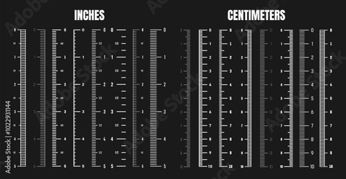 Vertical centimeter and inch scale for measuring length or height. Various measurement scales with divisions. Ruler, tape measure marks, size indicators. Vector illustration
