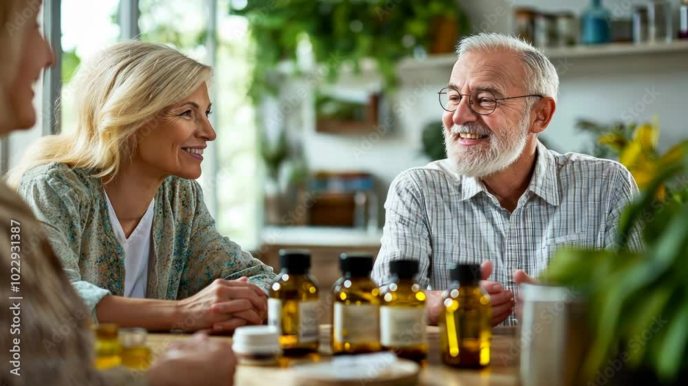 Smiling senior couple enjoying a conversation with friends over natural remedies, representing wellness, alternative medicine, and healthy aging. Warm social interaction in a holistic lifestyle Smiling senior couple enjoying a conversation with friends over natural remedies, representing wellness, alternative medicine, and healthy aging. Warm social interaction in a holistic lifestyle