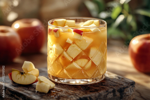 Refreshing apple beverage served in a glass with fresh apples nearby