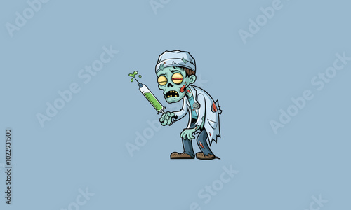 Zombie doctor holding a giant syringe with green liquid.