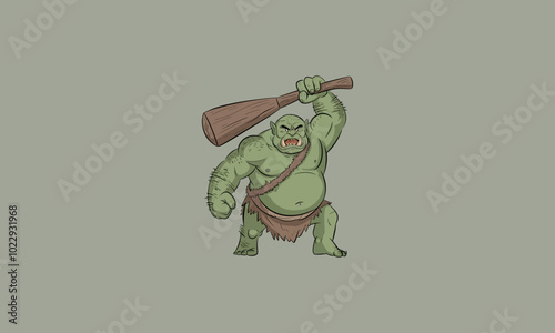Angry green ogre holding a wooden club ready to attack.