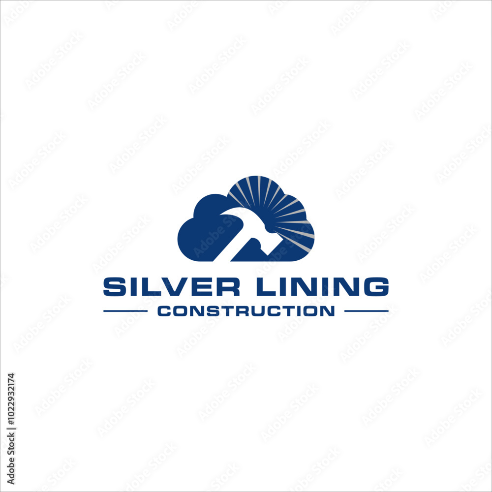 Fototapeta premium silver lining logo, cloud and sun ray vector, home roof repair with hammer vector template