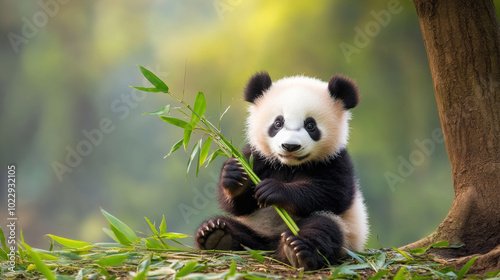 baby panda sitting under tree, holding bamboo stick, exudes playful and curious demeanor. This adorable creature enjoys its natural habitat surrounded by lush greenery