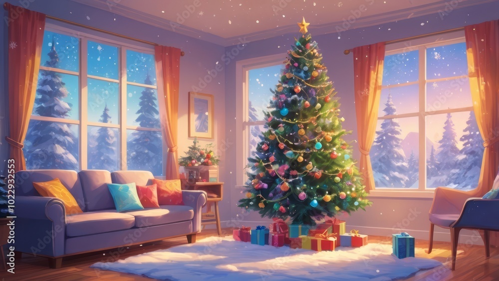A cozy winter evening in a warmly decorated living room with a beautifully adorned Christmas tree and wrapped gifts A cozy winter evening in a warmly decorated living room with a beautifully adorned Christmas tree and wrapped gifts