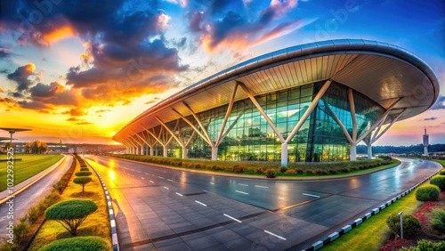 Modern architecture of Bangalore Airport showcasing terminal buildings and runway under clear skies