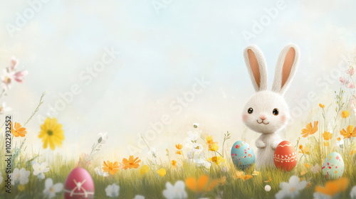 cute bunny is hiding colorful eggs in vibrant springtime field filled with flowers. scene captures joy and playfulness of season, perfect for Easter celebrations