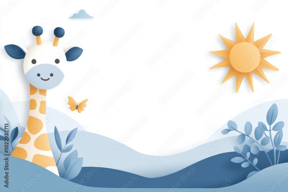 Obraz premium A cheerful giraffe smiles in a playful landscape featuring soft hills, sunny skies, and colorful butterflies, perfect for children's designs.