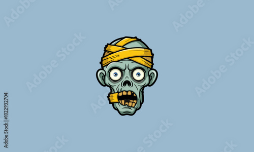 Wide-eyed zombie head wrapped in yellow bandages