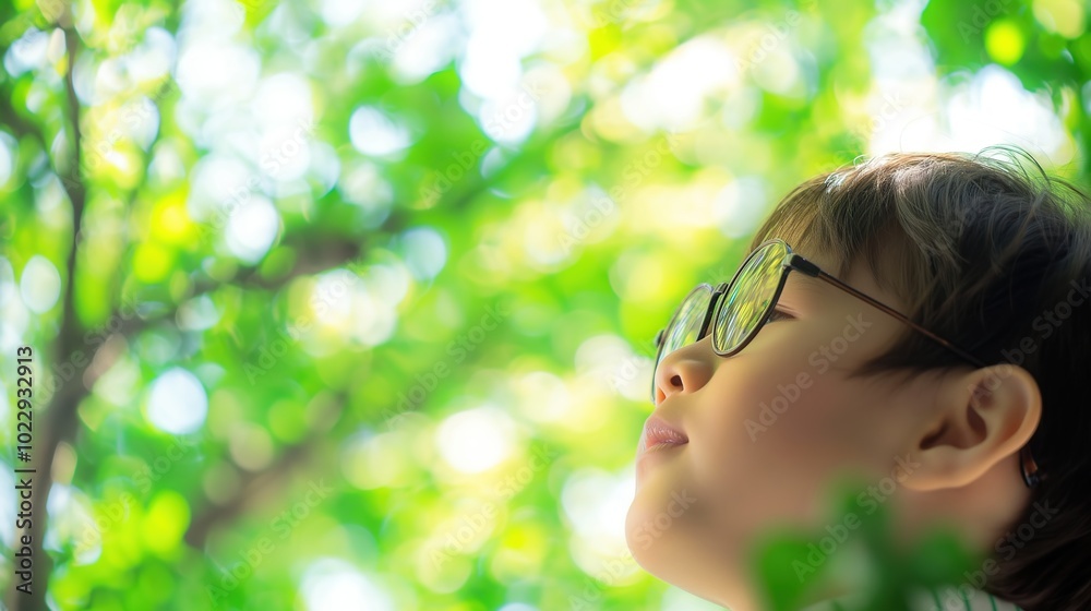 Young child wearing blue glasses focusing on distant tree outside window, symbolizing myopia prevention and importance of outdoor activities. Young child wearing blue glasses focusing on distant tree outside window, symbolizing myopia prevention and importance of outdoor activities.