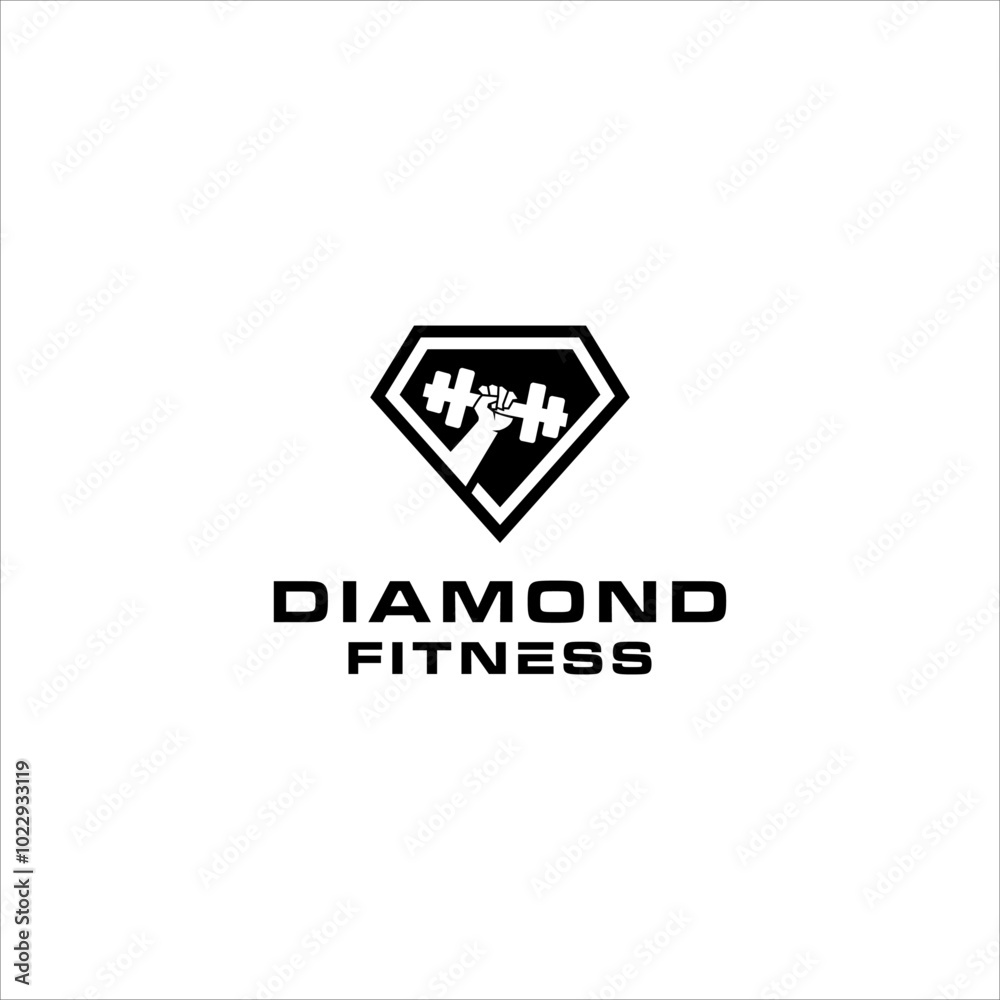 Obraz premium logo fitness diamond club vector, body muscle sport center design template, hand holding barbell vector