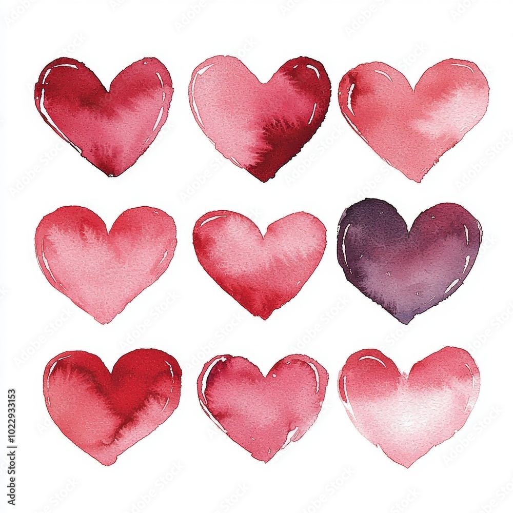 Charming image of nine watercolor hearts in shades of red and pink on a white background, perfect for valentine's day or special occasions Charming image of nine watercolor hearts in shades of red and pink on a white background, perfect for valentine's day or special occasions