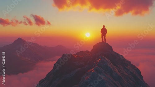 A lone hiker stands on a mountain peak at sunset, enjoying the view of the clouds below.