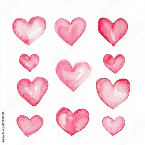 Nine pink watercolor hearts are arranged on a solid white background, providing a romantic design element for valentine's day or romantic occasions