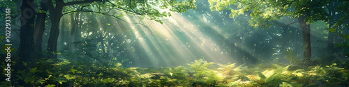 Beautiful view of the sunny rays in spring green forest in the background 