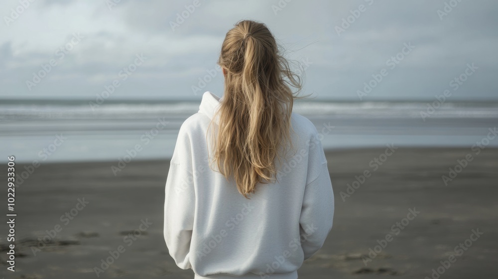 Woman standing on a deserted beach, facing the ocean Woman standing on a deserted beach, facing the ocean