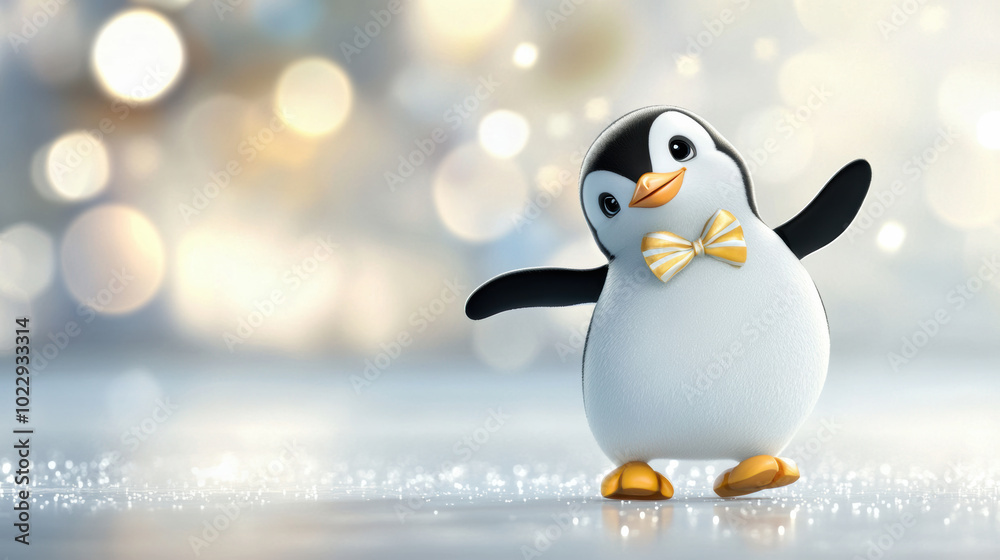 Obraz premium Dancing penguin wearing bow tie, joyfully posing against blurred background. This charming character brings playful and cheerful vibe to any setting