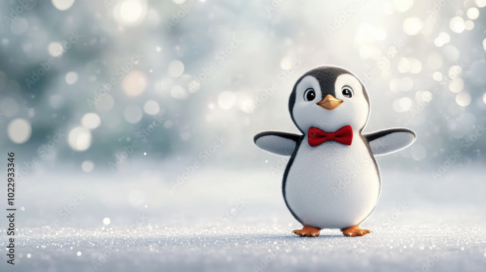 charming penguin wearing red bow tie stands joyfully in snowy landscape, surrounded by soft, sparkling snowflakes. This delightful scene captures essence of winter fun and celebration charming penguin wearing red bow tie stands joyfully in snowy landscape, surrounded by soft, sparkling snowflakes. This delightful scene captures essence of winter fun and celebration