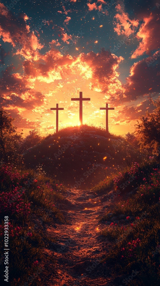 Obraz premium Path through a field of flowers leads to three crosses silhouetted against a vibrant sunset, symbolizing hope, faith, and the promise of eternal life