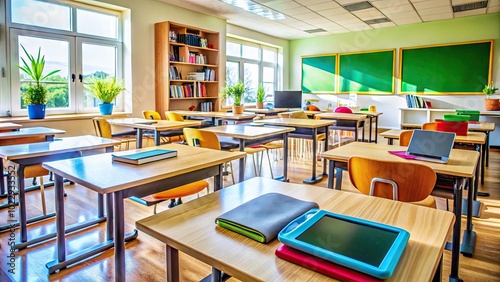 Modern Classroom Setting with Technology, Books, and Learning Materials for Educational Purposes