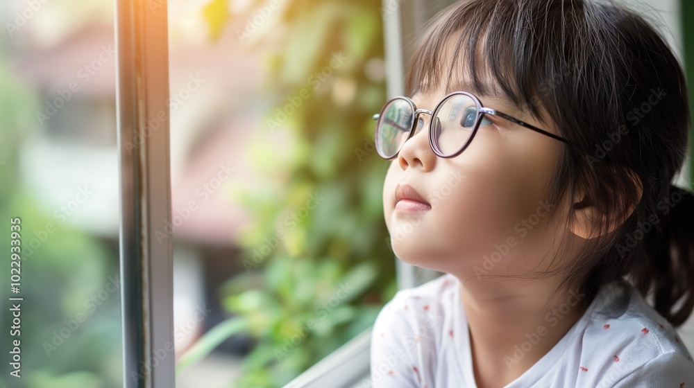 Young child wearing blue glasses focusing on distant tree outside window, symbolizing myopia prevention and importance of outdoor activities.