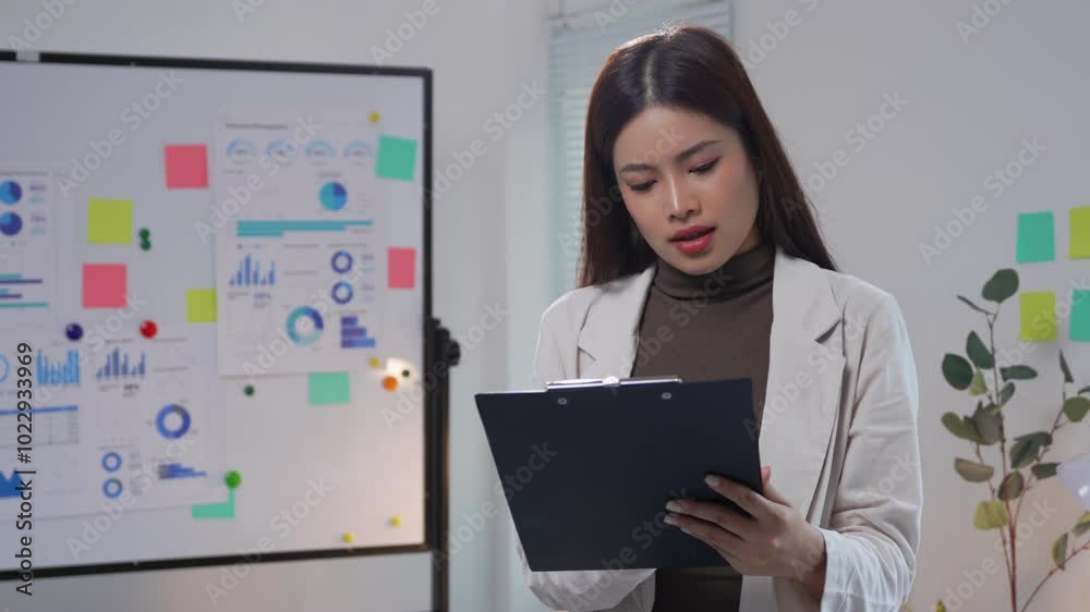 Businesswoman analyzing financial data on a clipboard in a modern office, focusing on charts and reports for strategic planning Businesswoman analyzing financial data on a clipboard in a modern office, focusing on charts and reports for strategic planning