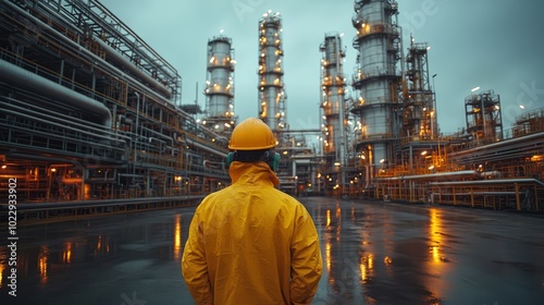 Industrial oil refinery with large pipes, tanks, and chemical processing units. Workers in protective gear monitoring operations and overseeing complex machinery in a vast, industrial setting 