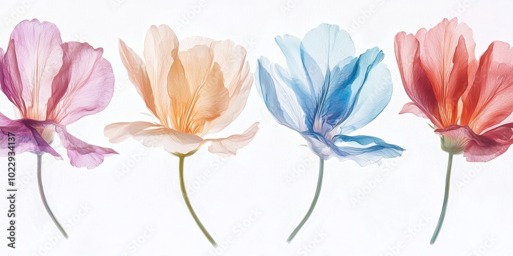Vibrant poppies bloom elegantly on a white background, creating a tranquil and colorful scene perfect for spring or summer designs Vibrant poppies bloom elegantly on a white background, creating a tranquil and colorful scene perfect for spring or summer designs