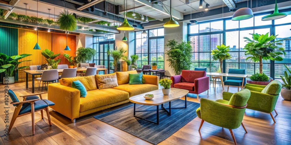 Fototapeta premium Modern co-working space with stylish furniture and vibrant decor for collaborative work and creativity