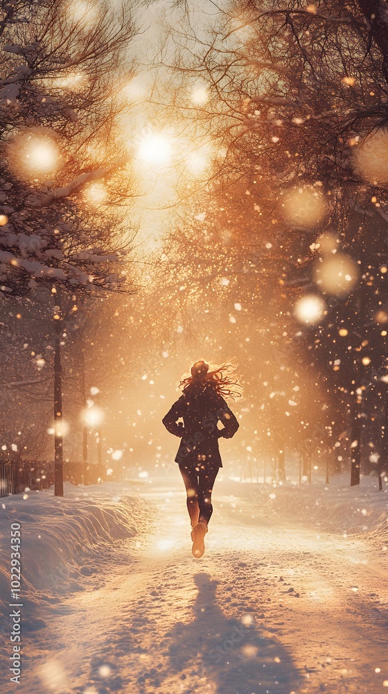 A woman running in the winter, with snow falling, surrounded by beautiful scenery during the golden hour. A woman running in the winter, with snow falling, surrounded by beautiful scenery during the golden hour.