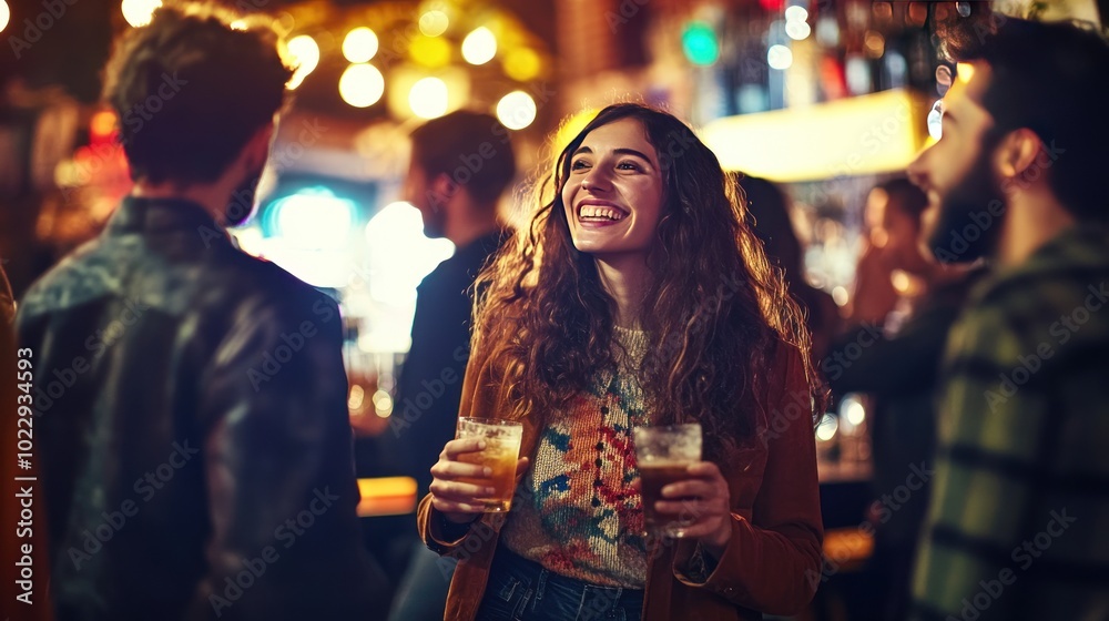 A joyful woman enjoying drinks with friends in a lively bar setting. A joyful woman enjoying drinks with friends in a lively bar setting.