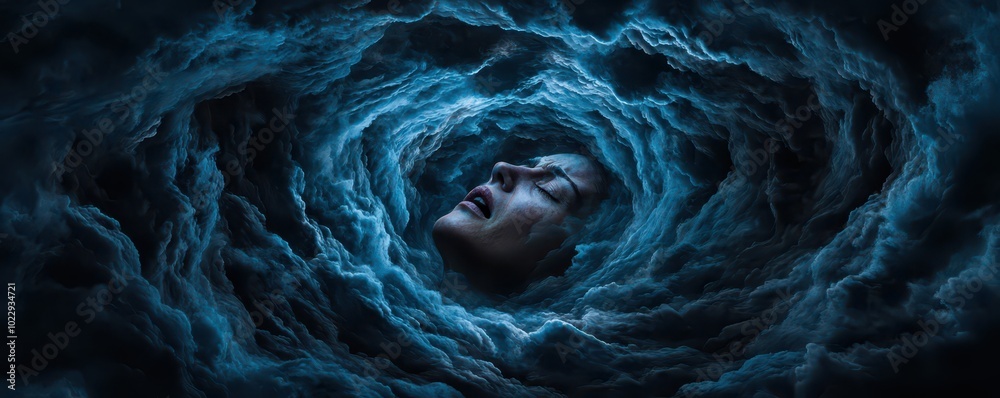 An abstract portrayal of anxiety, featuring swirling dark clouds enveloping a human figure. An abstract portrayal of anxiety, featuring swirling dark clouds enveloping a human figure.